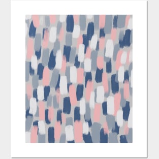 Abstract, Navy Blue, Grey and Blush Pink Paint Brush Effect Posters and Art